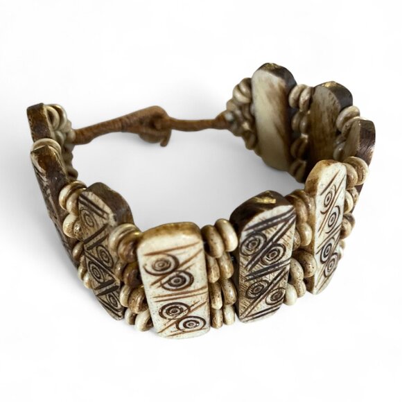 Jewelry - Hand Carved Buffalo Bone Ethnic Tribal Beaded Panel Bracelet Boho 7" Tan Brown